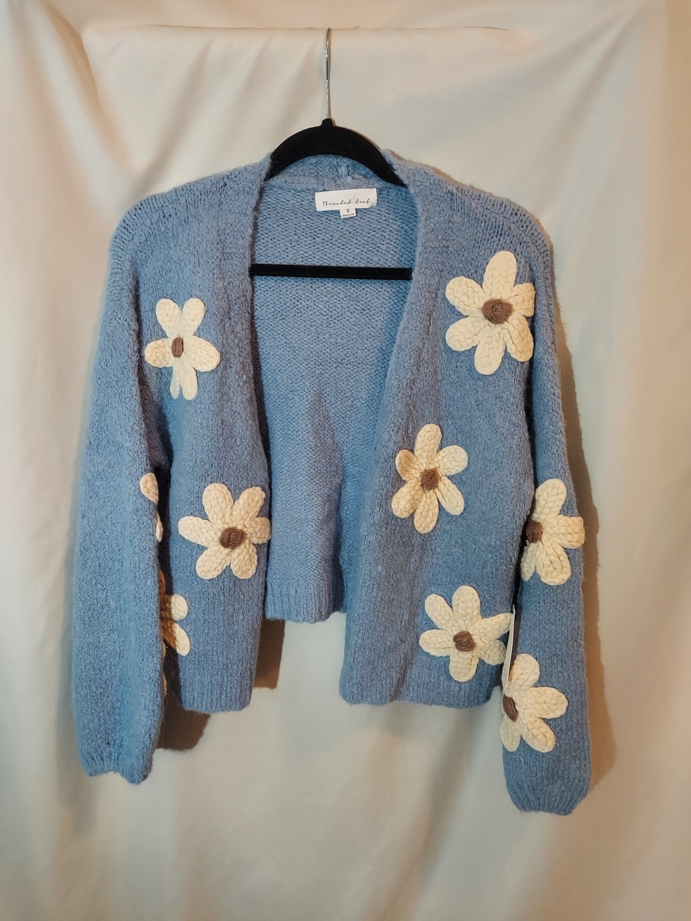 Threaded Leaf Blue Chunky Knit Cropped Cardigan 3D Daisy Floral Applique S